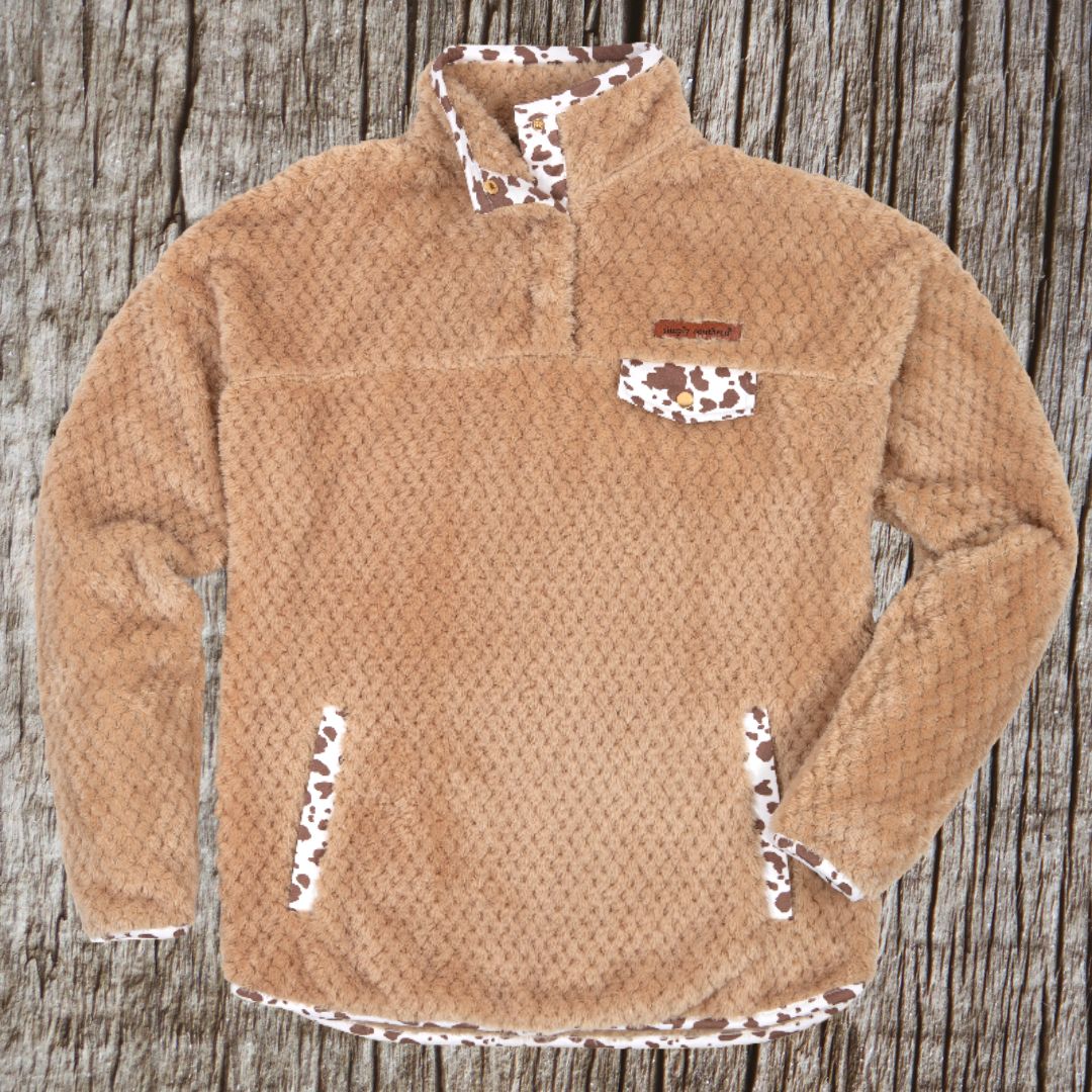 Sherpa Pullover Cow Pattern Pullover Mens Simply Southern Cow Trim