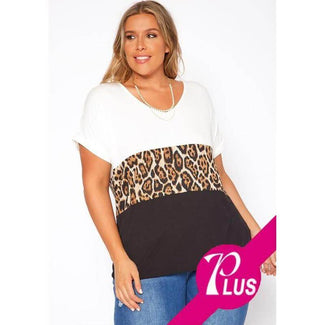 Color Block with V-neck top featuring leopard print Plus Size