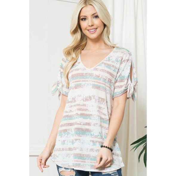 Plus Stripe V Neck Top with Knotted Sleeves
