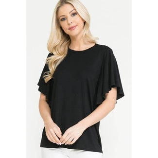 Plus Solid Black Short Butterfly Sleeve Round Neck Top / Blouse